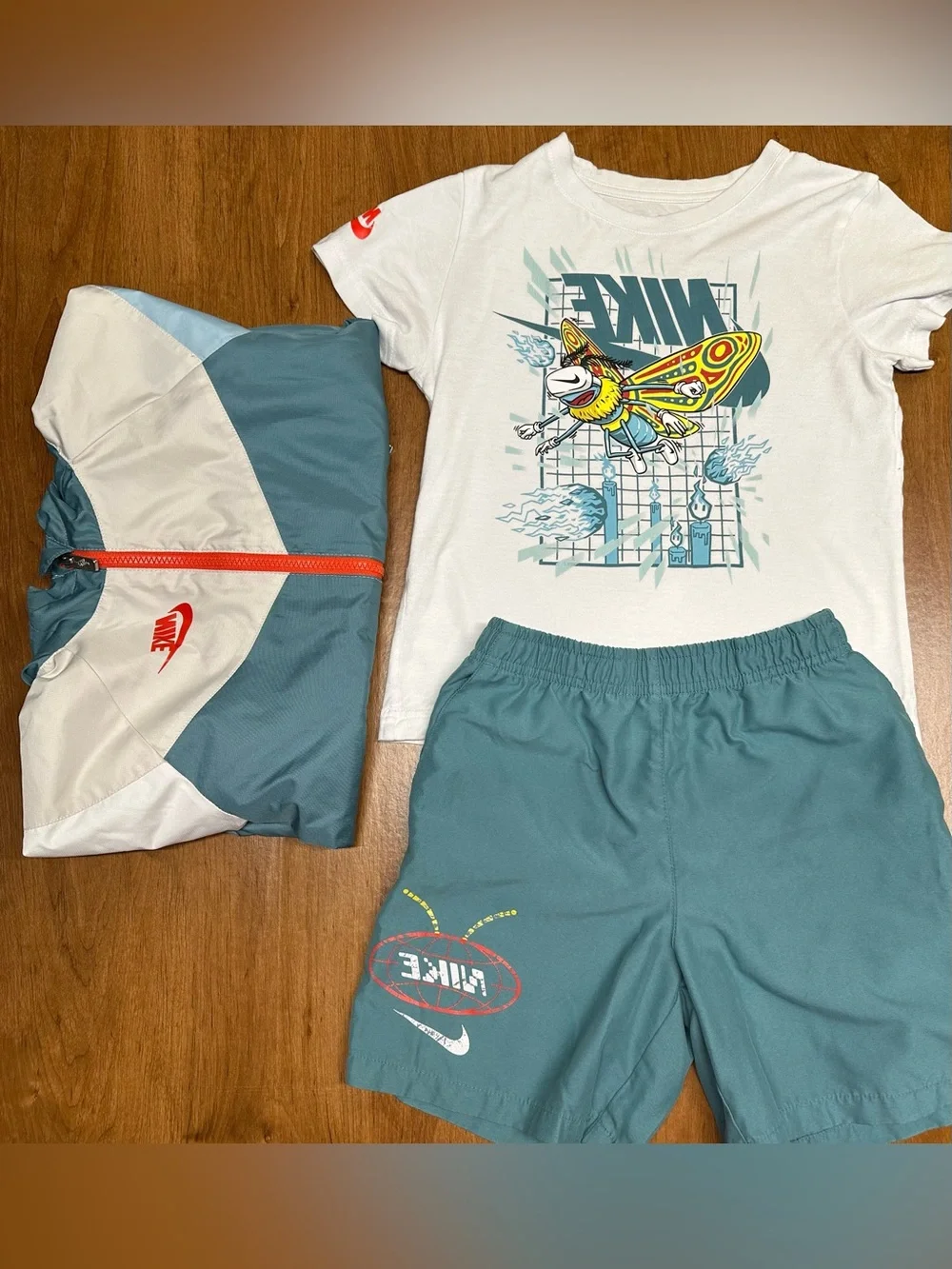 Nike White Graphic Tee with Teal Shorts and jacket 3 pieces